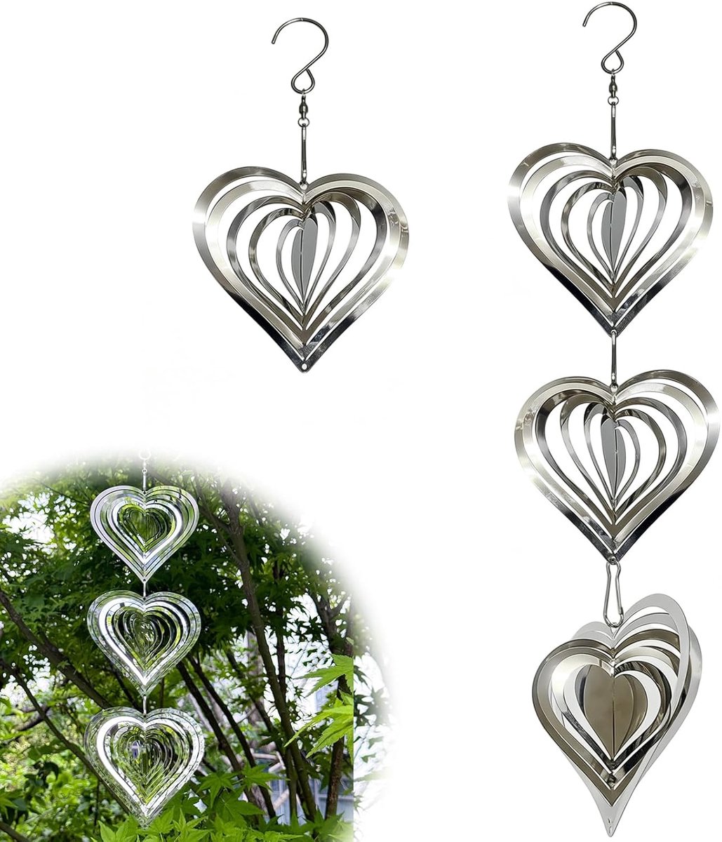 2 stuks hartvormige windgong, 3D-metalen windgong, roterende windspiraal voor woonkamer, gang, raamdecoratie, tuin, balkon, terras, hartvormige windspinner met ophanging