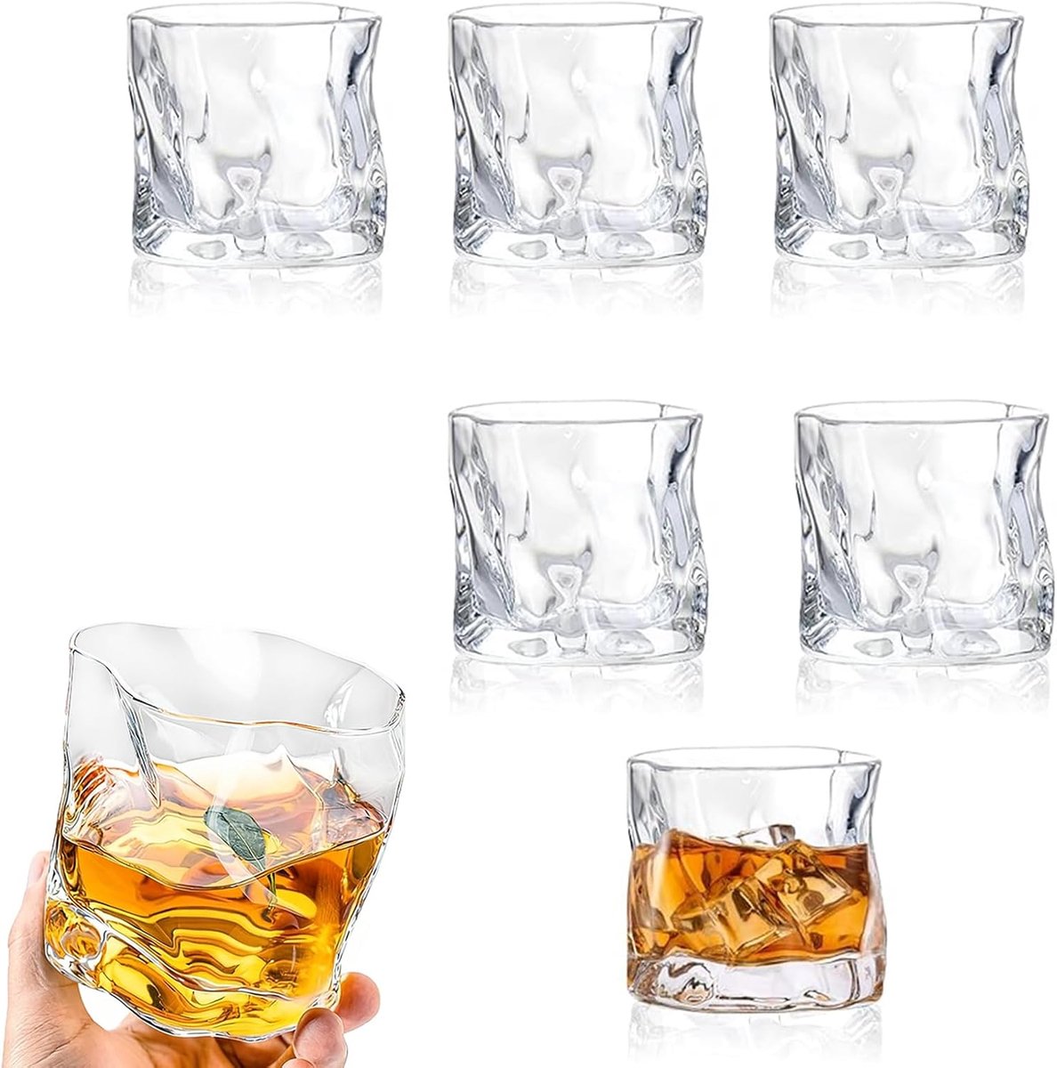 set van 6 stuks, 200 ml, onregelmatige whiskyglazen, steelloze kleine sapglazen, onregelmatige glazen, gekanteld vouwglas, voor ijskoffie, cocktails, thee, koffie, sap