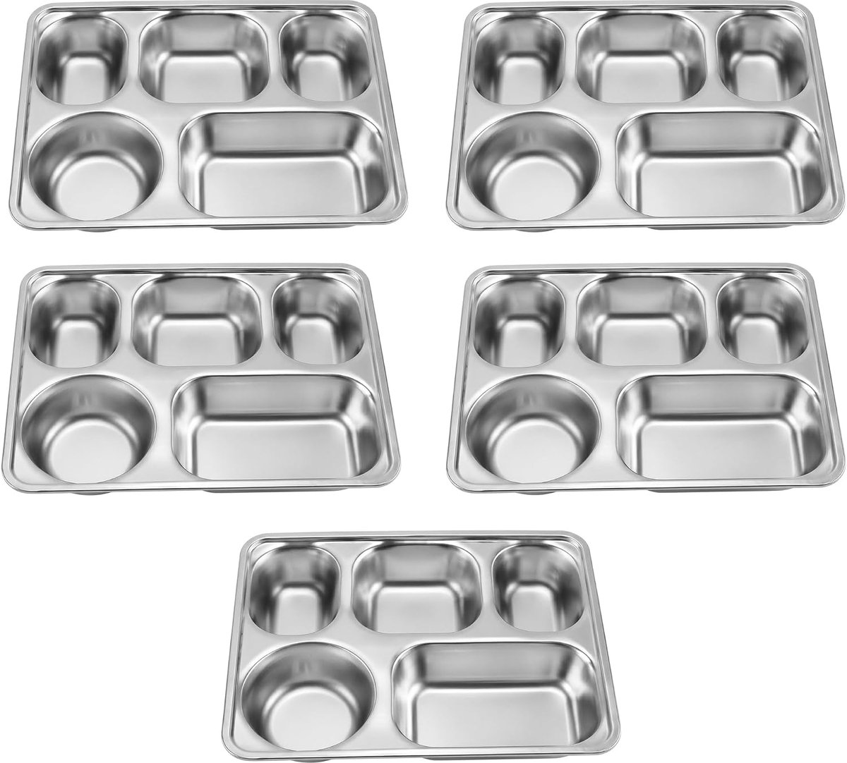5 stuks roestvrijstalen borden met onderverdeling, rechthoekig, gedeelde borden, roestvrijstalen dienblad met 5 vakken, serveerdienblad met 5 secties voor lunch, diner, camping