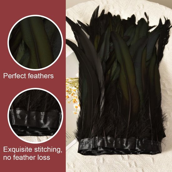 Franje met Satinlint, 2 Meter Lang en 28-33cm Breed, Natuurlijke Veren voor Naaien, Kostuums, Carnaval, Halloween, Bruiloft en DIY Handwerk (Zwart) — afbeelding 2