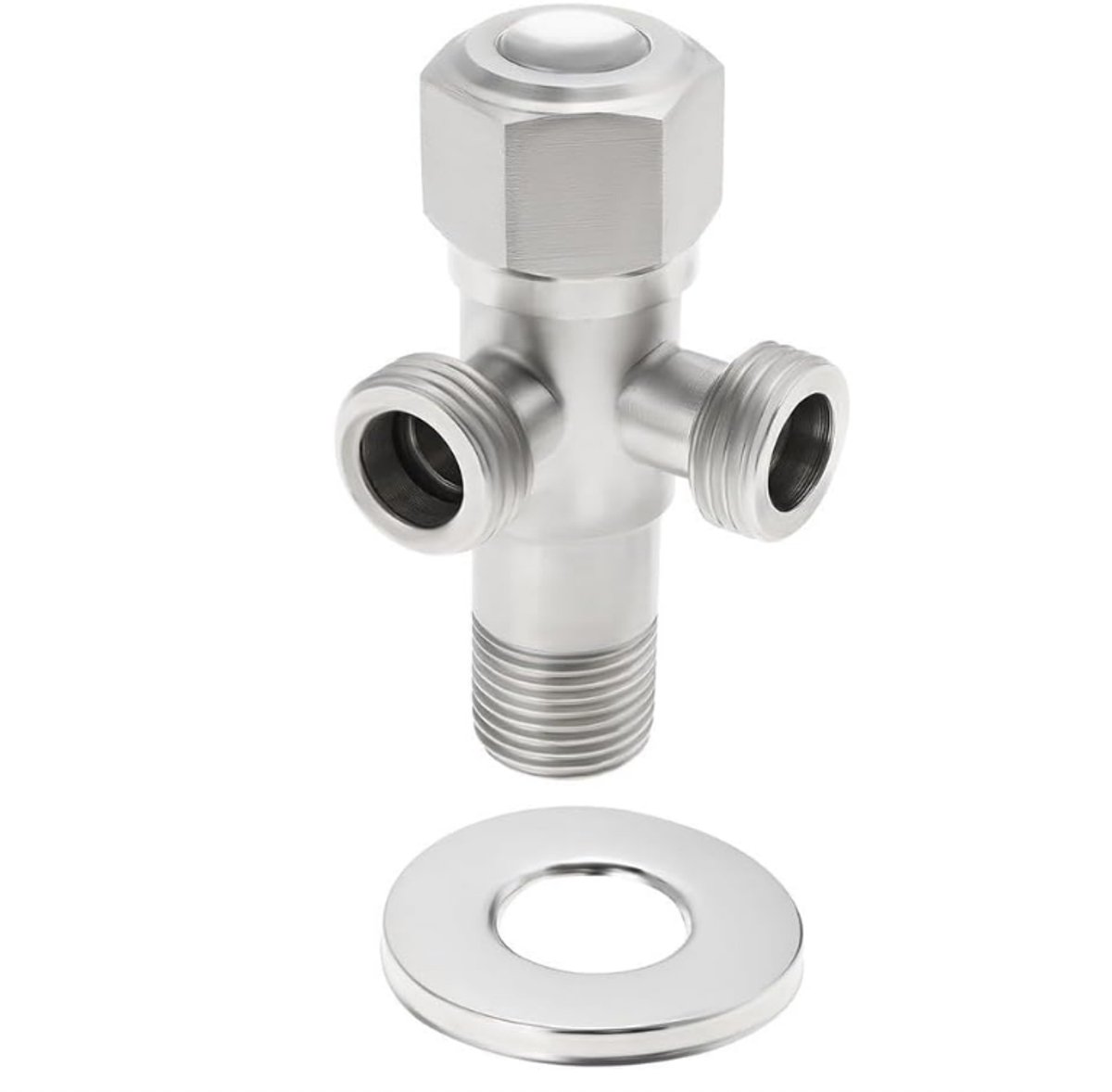Dubbele hoekafsluiter van roestvrij staal, 1/2 inch aansluiting, twee uitgangen, Geschikt voor watertoevoer in badkamers en keukens.