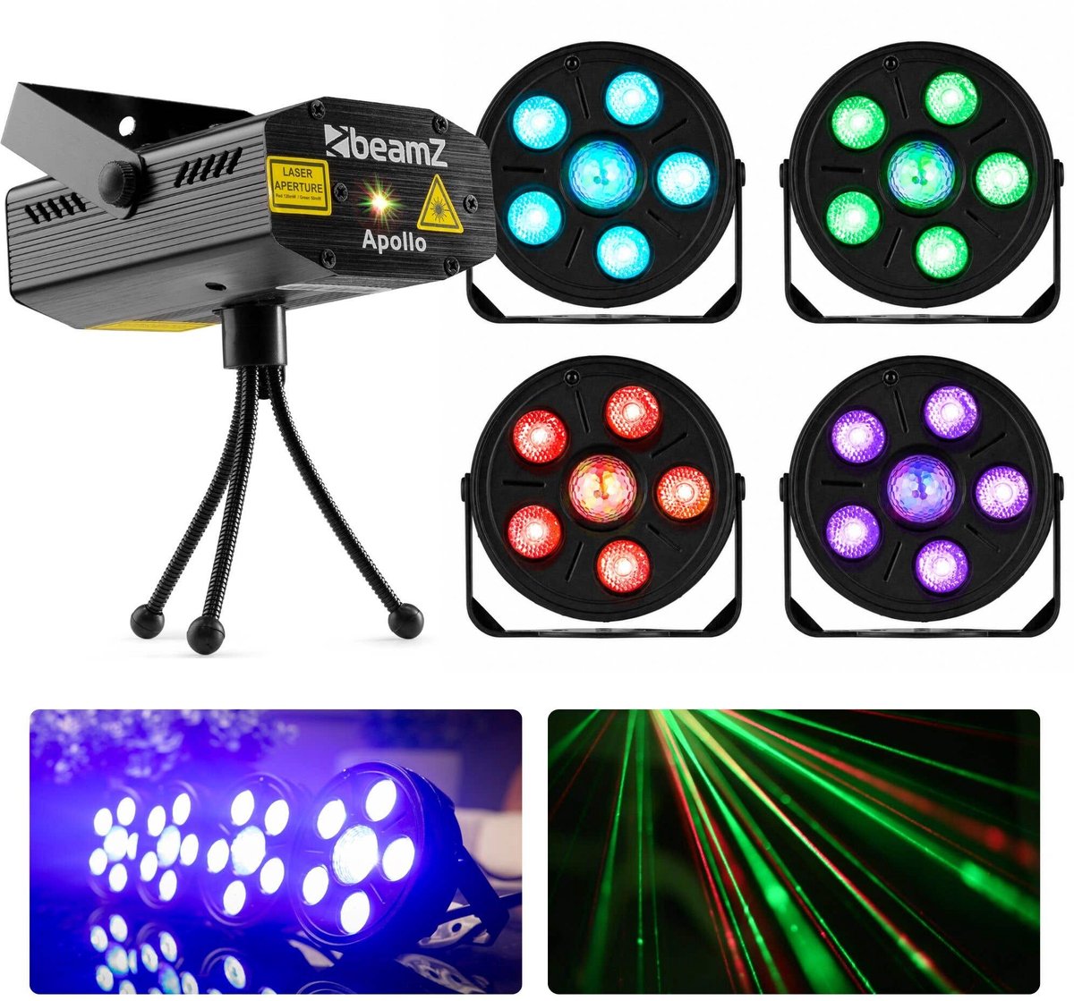 BeamZ huisfeest partyset - Met 4 discolampen en RGB laser - Ideaal voor kinderfeestjes - Pakket S