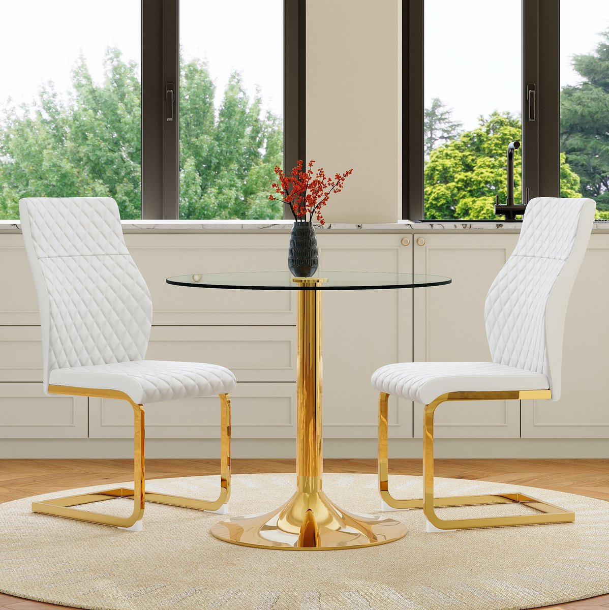MODFU Ronde Glazen Eettafelset - 2 Stoelen - Modern - Transparant - Wit - Goud