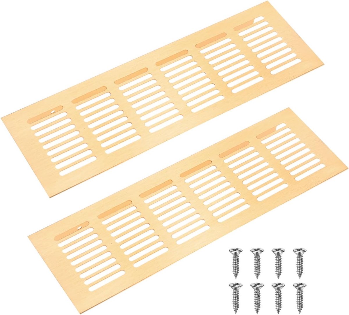 METERXITY 2-pack deuropeningen voor binnendeuren, 250 x 80 mm aluminiumlegering ventilatierooster voor kast/kledingkast, schoenenkast, rechthoekige luchtopening met 8 schroeven [geborsteld goud]