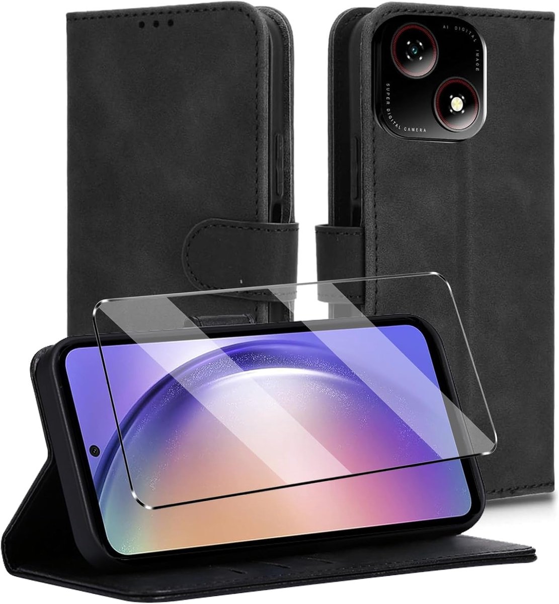 Klaphoesje voor ZTE Blade A35E, PU-leer, met gehard glas, beschermhoes voor ZTE Blade A35E, hoes met kaartsleuf en standfunctie, telefoonhoes, onbreekbaar glas
