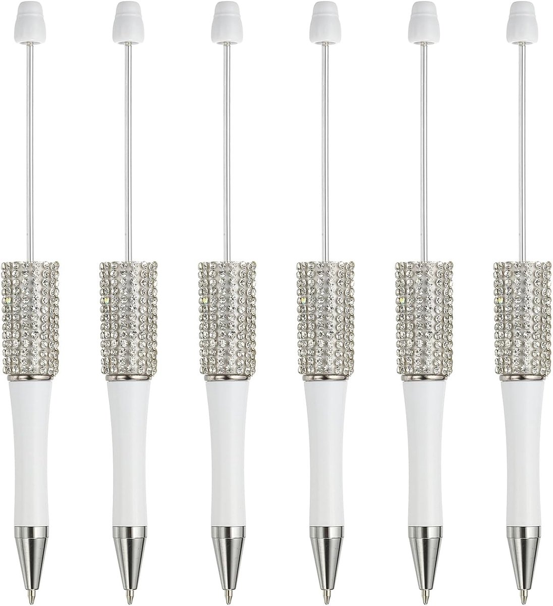 Diamant kralenpennen, 6 stuks kunststof zwarte inkt kralenpen creatieve doe-het-zelf balpennen voor leraar kantoor doe-het-zelf ambachten feestdecoraties handgemaakte benodigdheden, wit