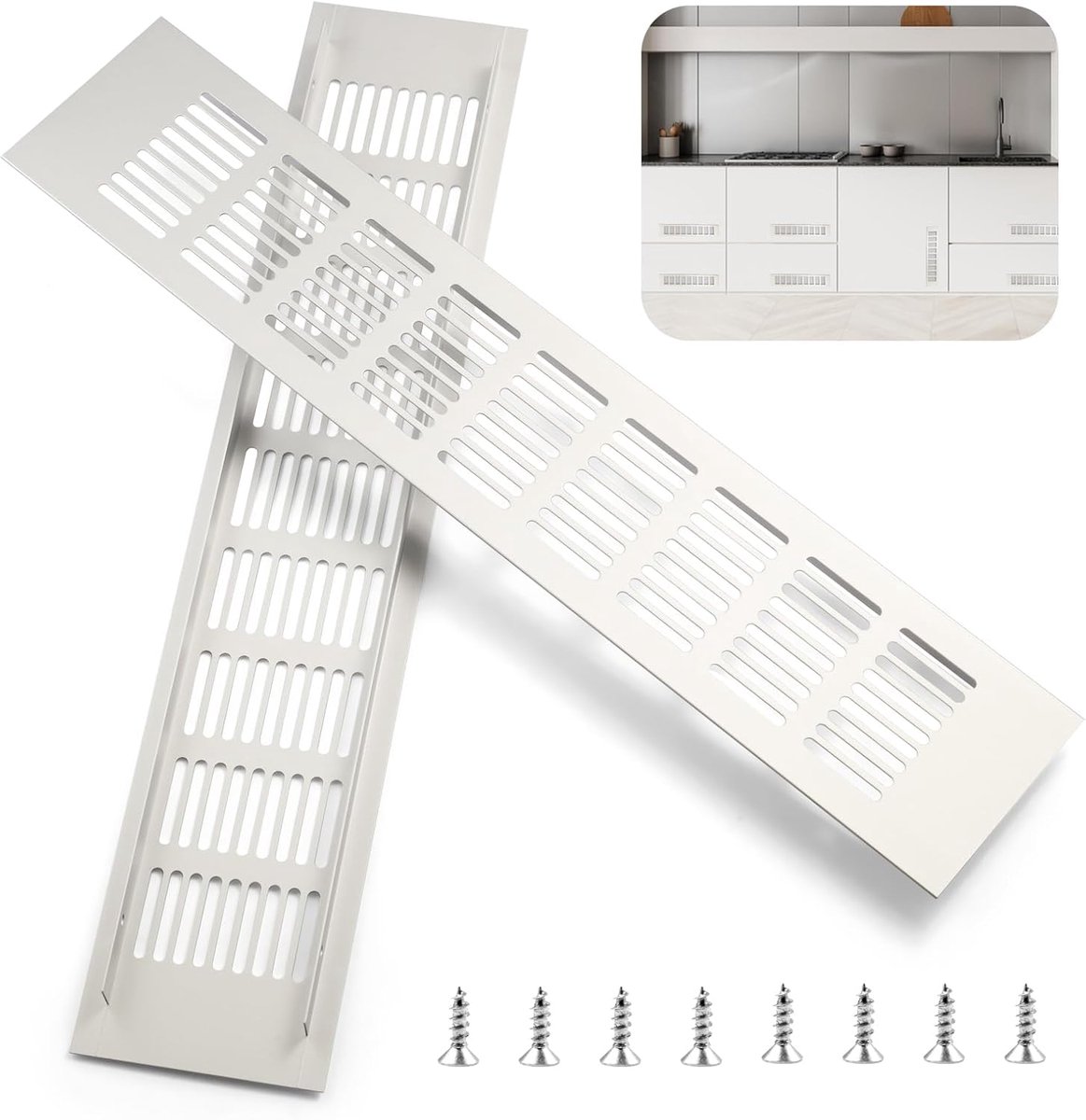 2 stuks ventilatierooster, rechthoekig, 40 x 5 cm, aluminium ventilatierooster, deur, ventilatierooster, zilver, met 8 schroeven, voor schoenenkast, woonkamer, badkamer, keuken