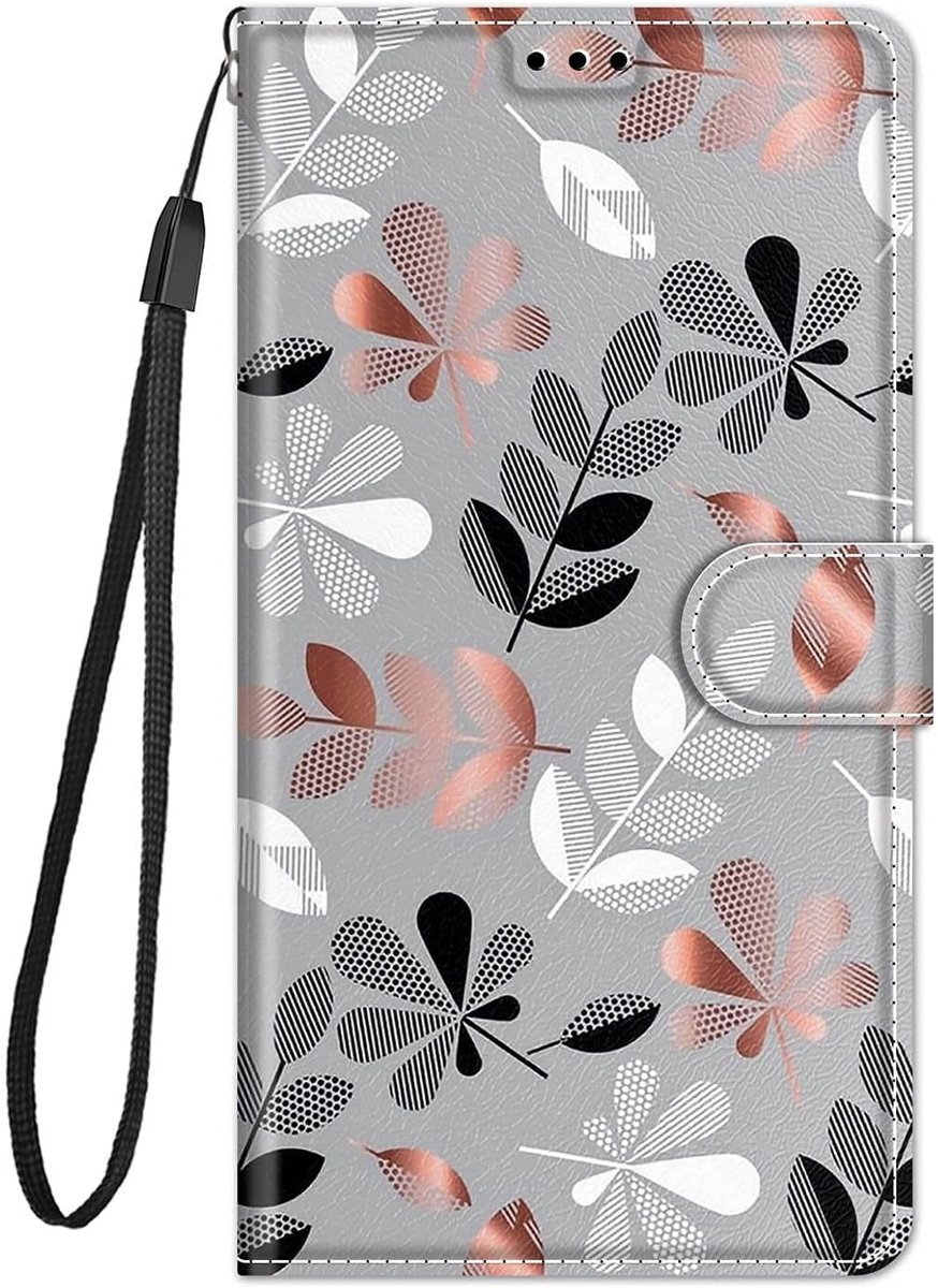 telefoonhoes voor Samsung Galaxy A56 5G, hoes met patroonmotief, inklapbare lederen beschermhoes 360 graden schokbestendige cover met kaarthouder, klaphoes flipcase - Bladeren