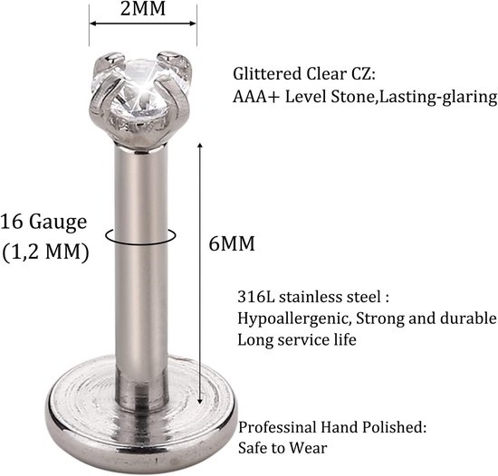 16G 6mm/8mm Bar 2/3/4mm Cubic Zirconia Gem Oor Kraakbeen Tragus Helix Studs Oorbellen Lip Labret Piercing — afbeelding 3