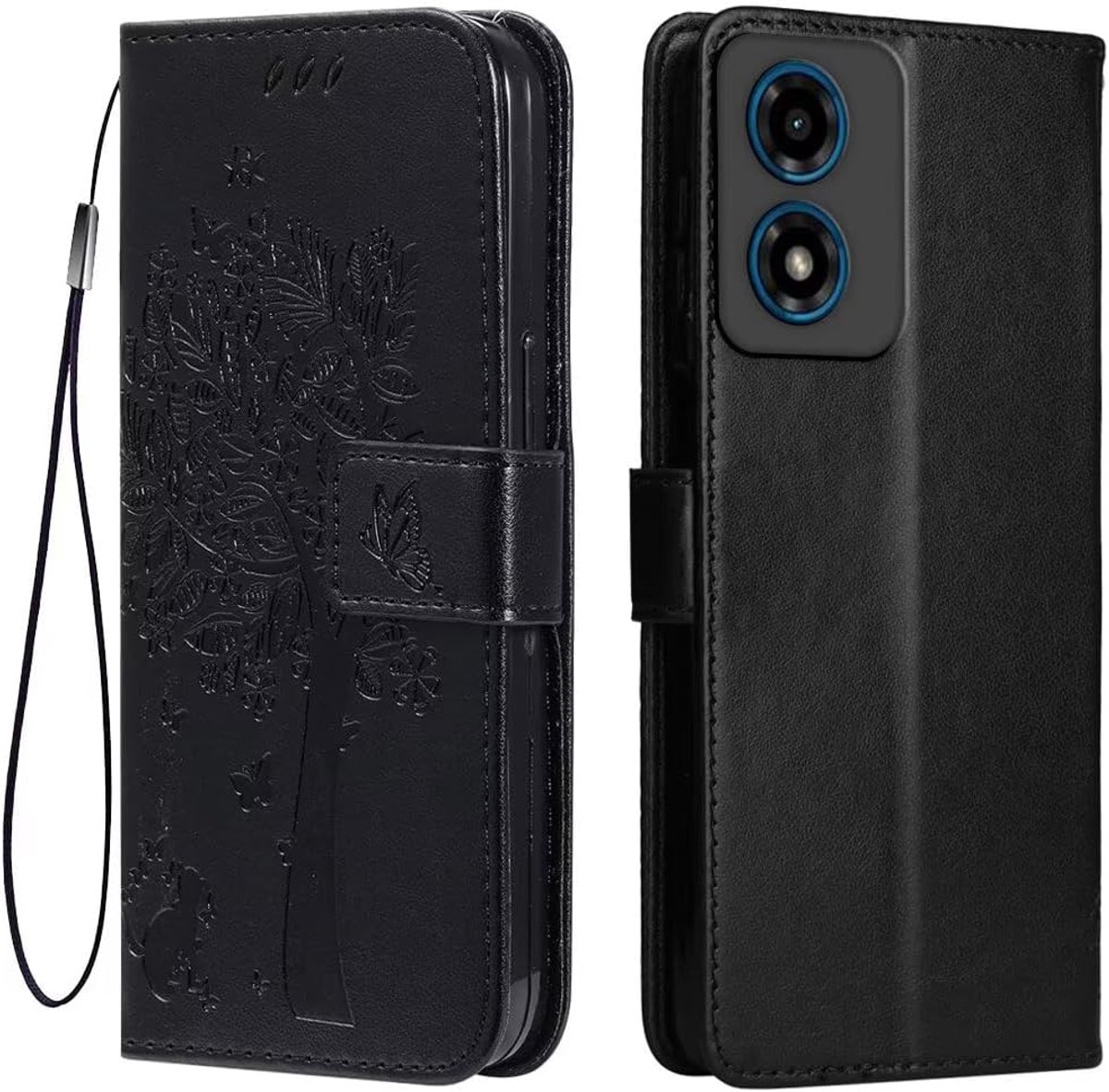 Lederen hoesje voor Motorola Moto E14 / G04S / G04 / G24 / G24 Power (6,5 inch inch), [kat en boom patroon stijl telefoonhoes] - zwart