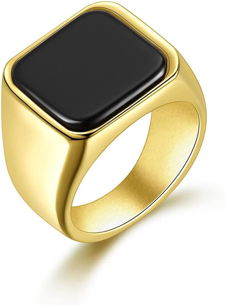 Zegelring Goud/Roestvrij Staal Eenvoudige Band Ring Set Met Zwarte Onyx Maat O tot Z
