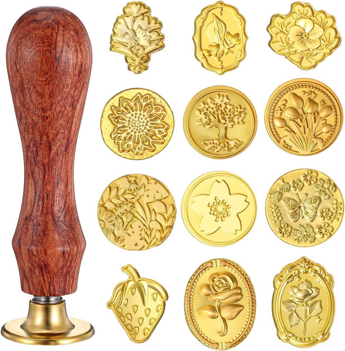 12 stuks gouden zegelstempels met houten handvat, waszegelstempel, herbruikbare wasstempelset, wax seal voor uitnodigingen, vintage waszegels, kaarten, enveloppen, geschenken (12 stijlen)