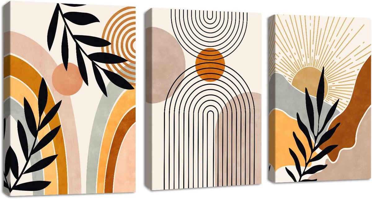 3 Pcs Boho Geometrische lijnen Zon Planten Canvas Wanddecoratie, Oranje Esthetiek Botanisch Wandschildering Afbeeldingen Prints Poster Woondecoratie voor Slaapkamer Woonkamer Kantoor 40x60cmx3Pcs