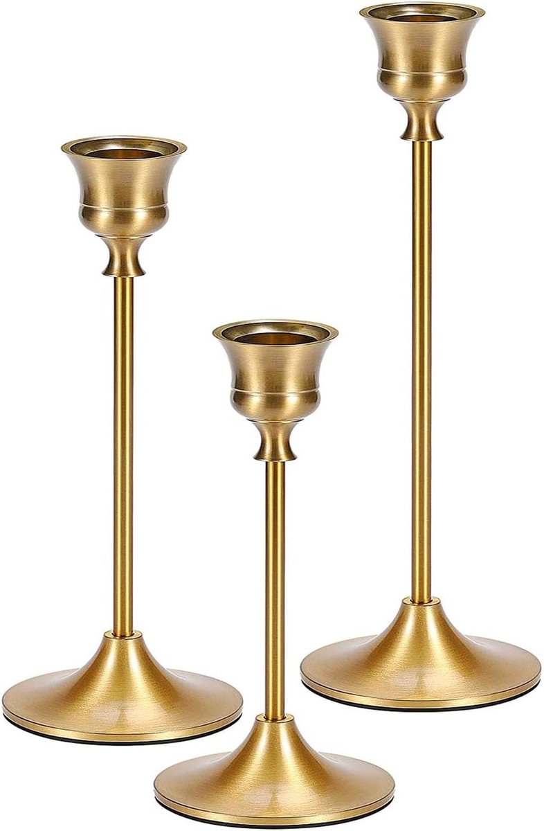kegelvormige kandelaars voor kaarsenstandaard, goud messing vintage kaarsstok kandelaar kandelaar voor open haard feest eetkamer thuis (goud, 3 stuks)