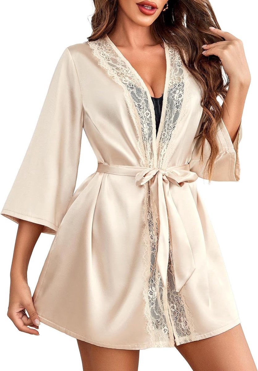 Badjas voor Dames, Kimono, Robe met Riem, Lichte Ochtendjas, V-hals, Nachthemd voor Bruid, Kant, Nachtkleding