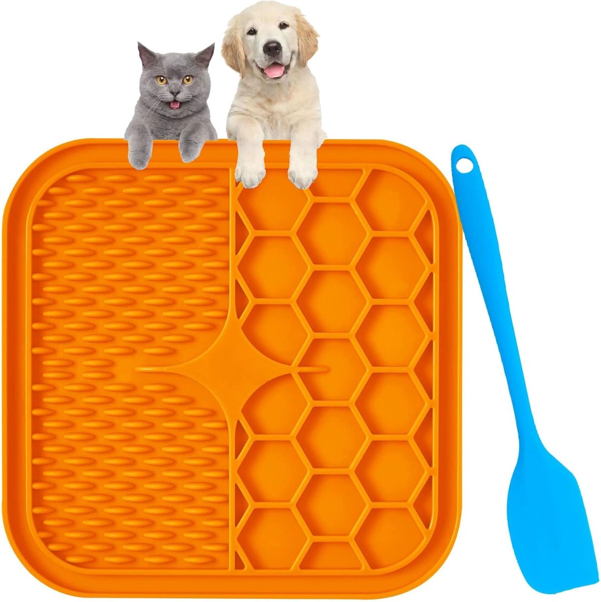 hond BPA-vrij lekmat hond 15 x 15 cm hond lekmat met 1 siliconen spatel voor puppy's kattenvoer huisdieren baden vachtverzorging training oranje