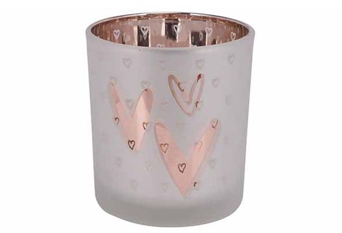 Theelichthouder Rose Gold Hearts Wit 7x 7xh8cm Glas