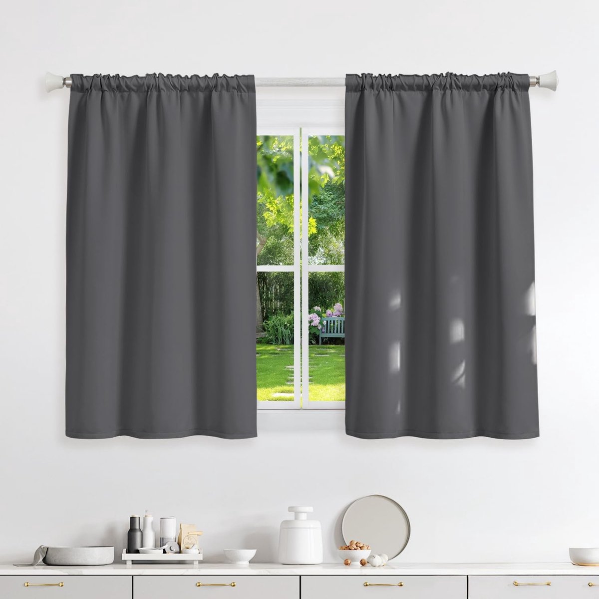 Gordijnen met plooiband, thermische gordijnen, koudebescherming, ondoorzichtig, 120 x 90 cm (h x b), donkergrijs, set van 2 verduisteringsgordijnen voor railsysteem, schuifgordijnen voor
