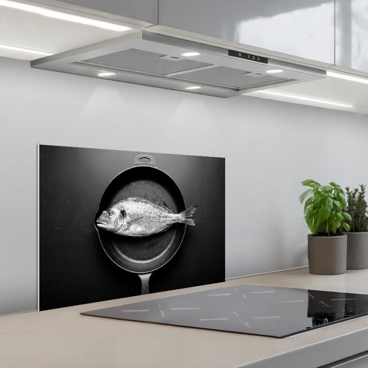 keukenachterwand 40x60 cm zelfklevend keuken decoratie accessories home kitchen spatscherm Pan - Vis - Zwart - Wit