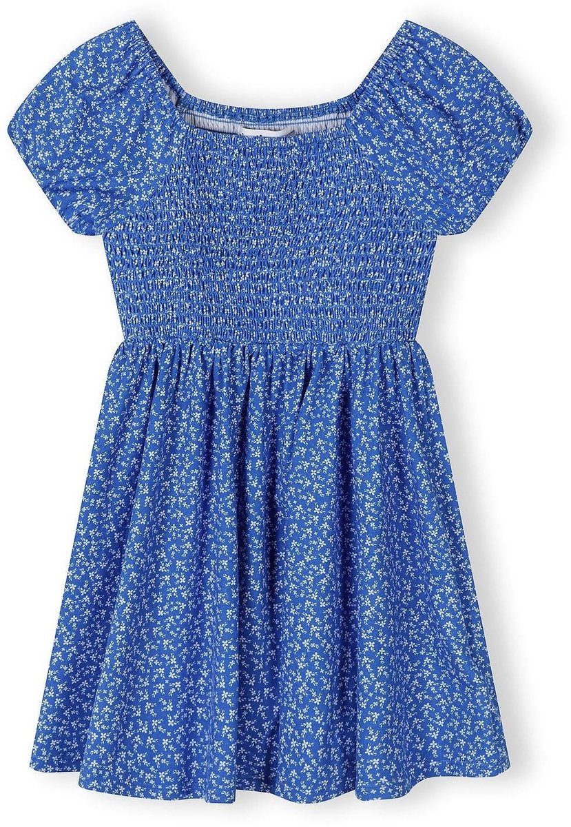 Minoti jurk meisjes bloemenprint gesmockt blauw - kniehoogte