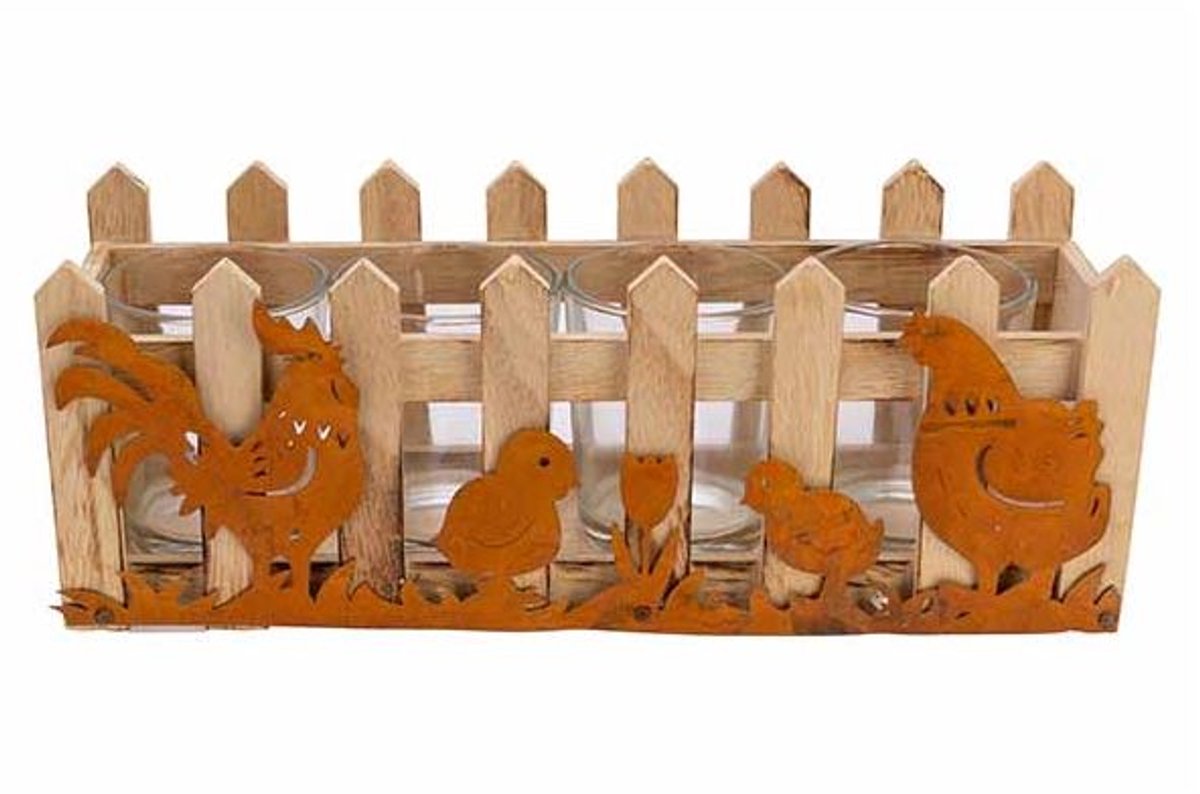 Bakje Rooster-chicks-hen Roest 24,5x8xh9 Cm Rechthoek Hout