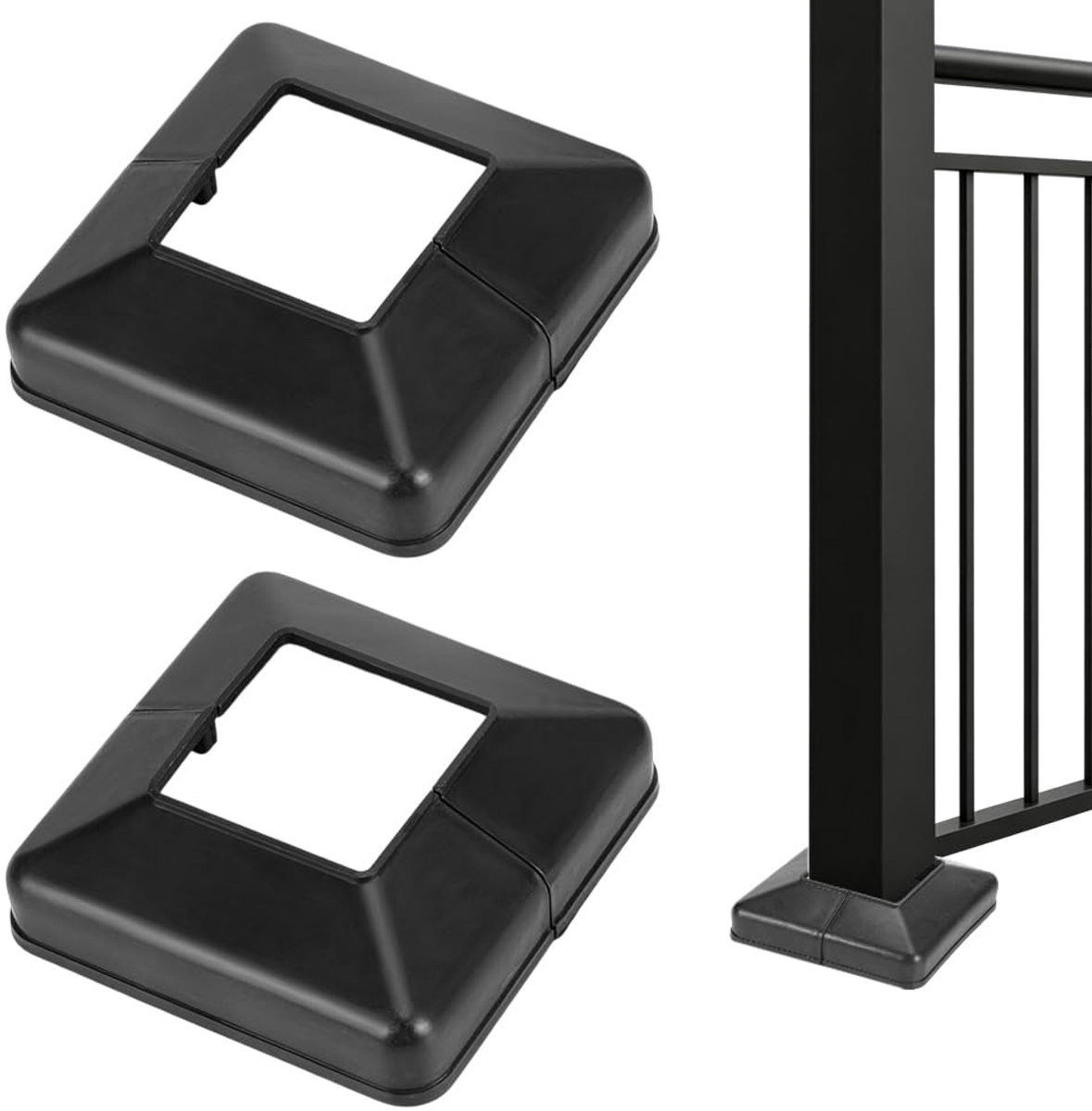 15 stuks 5 x 5 cm dekpaalafdekking, gesplitste stijl zwarte plastic paalrok trim decoratieve zuil wraps voor veranda, hek, dek, balkon, trapleuningen