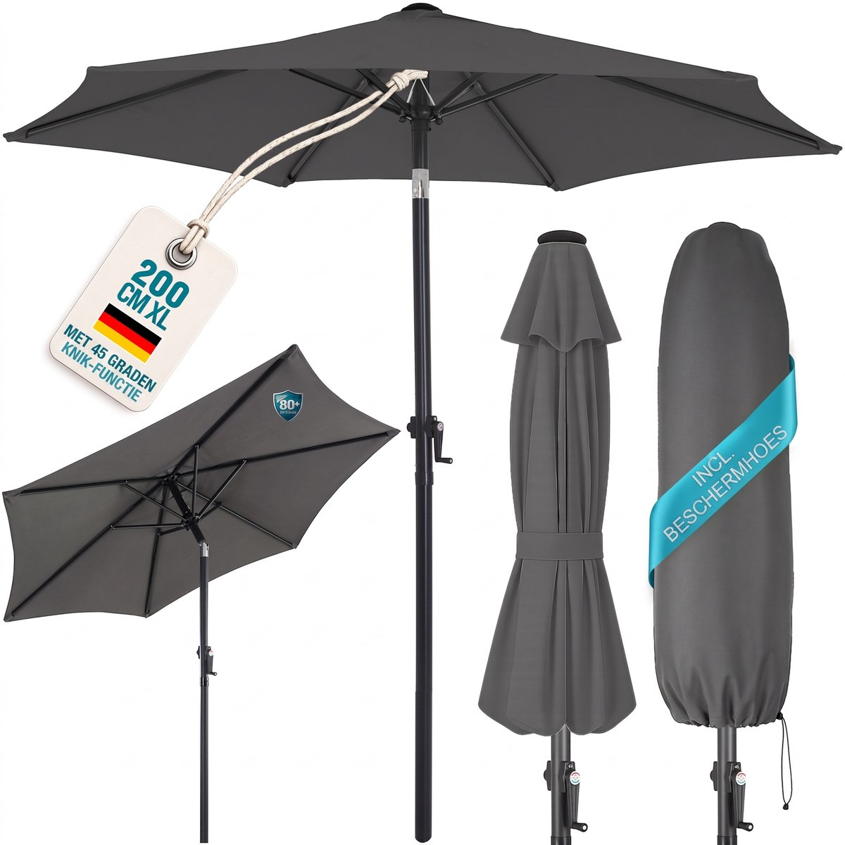 Kingsleeve Parasol 200 cm - Zwengel & Kantelmechanisme - Antraciet