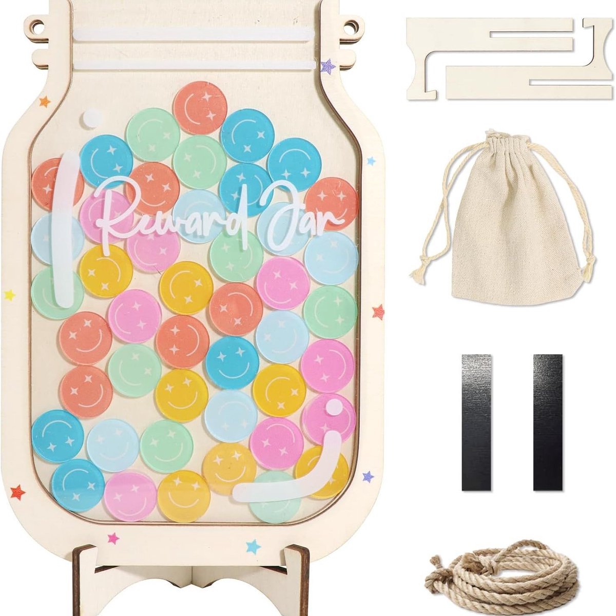 Houten Beloningspot - met Smileys - Reward jar - Beloningssysteem voor Kinderen met Magneet, Standaard & Ophangkoord - voor Zindelijkheidstraining, Taakjes & Klaslokaal - 28 x 23 cm - Meerkleurig