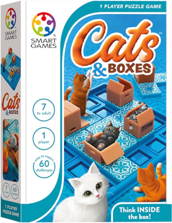 SmartGames Cats & Boxes - Logisch Denkspel - 60 Poezelige Uitdagingen - Compact Solospel voor Kinderen & Volwassenen - Vanaf 7 Jaar - Katten