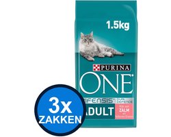 3x Purina One - Adult Zalm&Verse Groenten - Kattenvoer Droogvoer - 1.5 kg