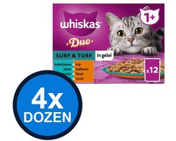 4x Whiskas - 1+ Pouch Adult Gelei Duo Surf & Turf Sel Multipack (12x85g) - Kattenvoer Natvoer - 1.02 kg