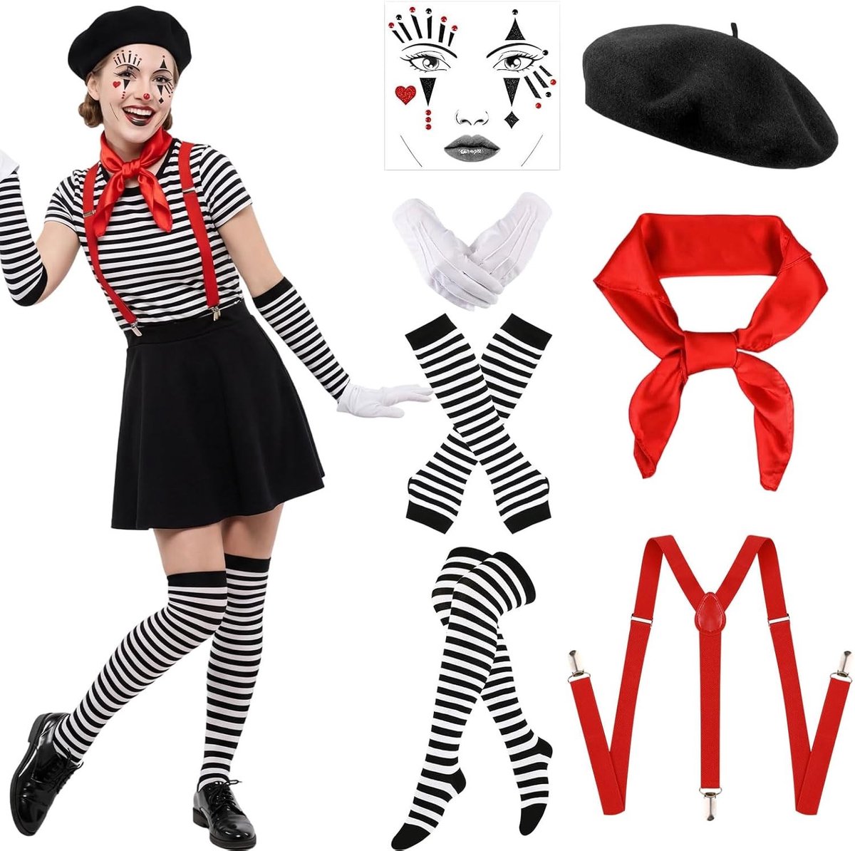 Pantomime Kostuum Set voor Raveparty met Beret, Rode Kleding, Witte Handschoenen en Gezichts-Tattoo voor Carnaval en Cosplay Evenementen