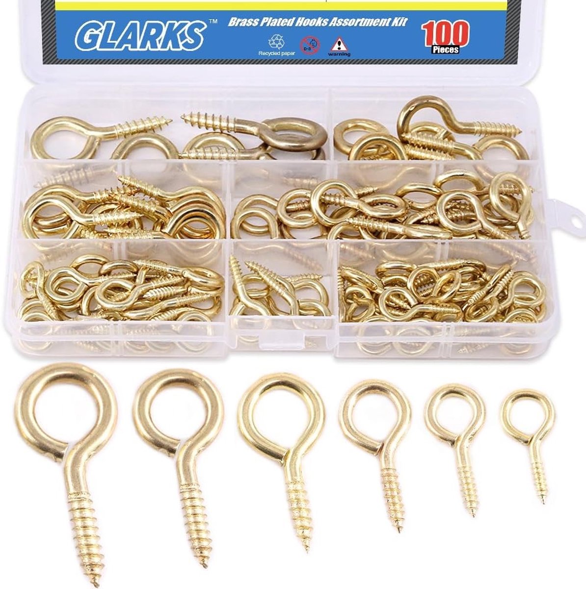 100-delige set messing oogbouten met schroef, diverse maten voor ophangen en bevestigen
