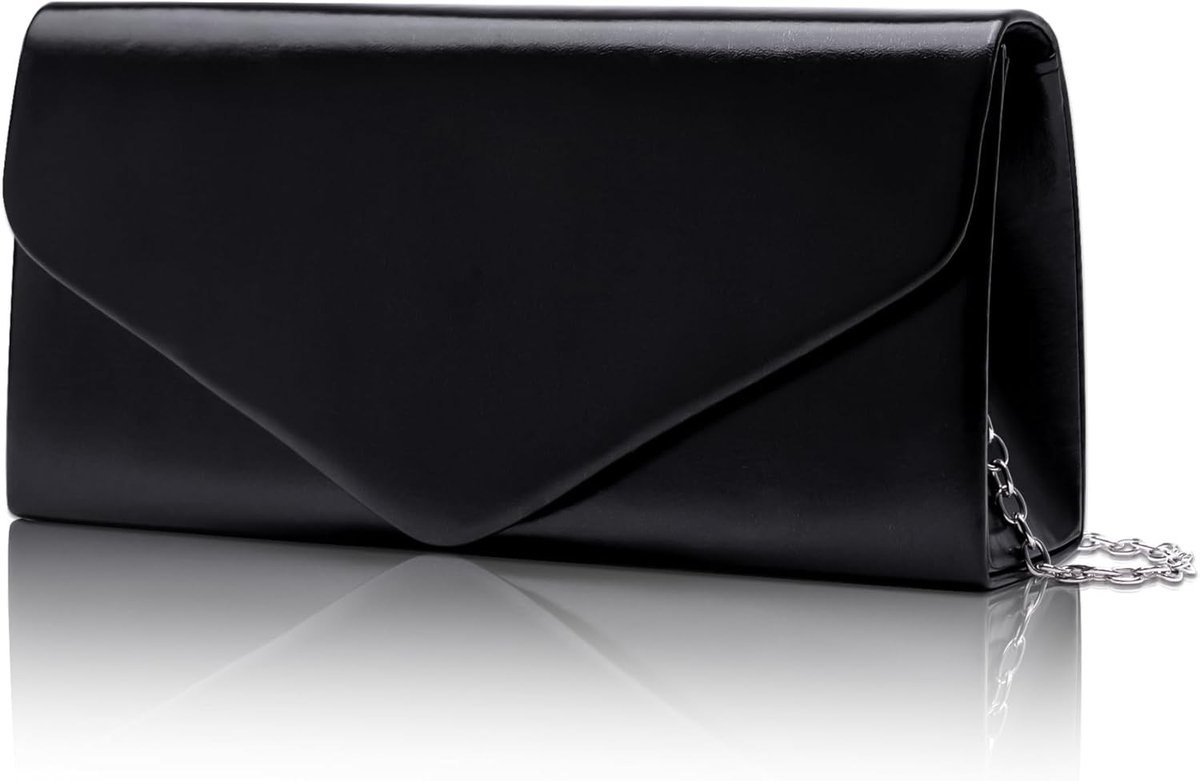 Elegante leren clutch met afneembare ketting, kleine envelop avondtas voor bruiloften, feesten en banketten, zwart, 22 cm lang, 11 cm breed, 5 cm hoog, trendy en veelzijdig