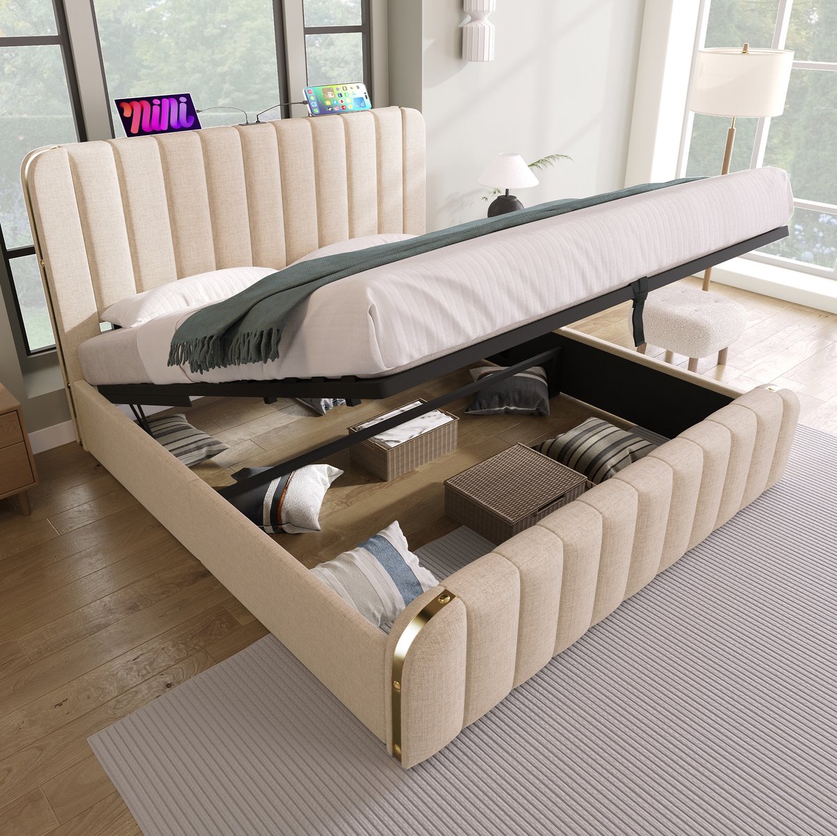HAUSS SPOLE Gestoffeerd Bed 180x200 cm - Tweepersoonsbed Met USB-C en Hydraulische Opbergruimte - Met Lattenbodem - Met Matras - Stof - Beige