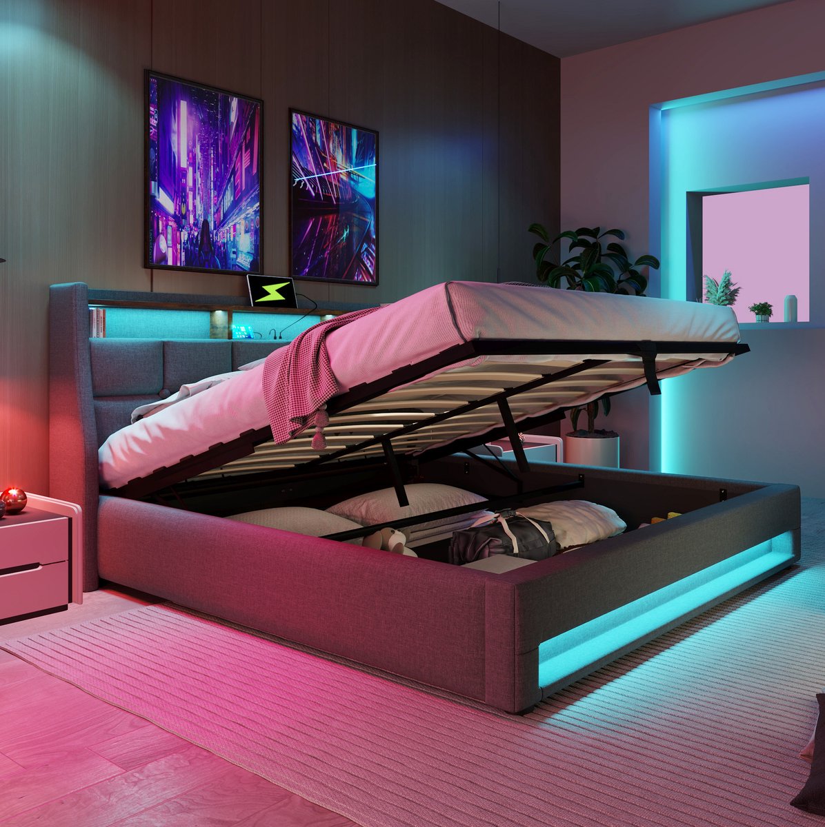 HAUSS SPOLE Gestoffeerd Bed 140x200 Cm - Tweepersoonsbed Met LED, 2 USB Poorten En Opbergruimte - Lattenbodem - Met Matras - Stof En Metaal - Grijs