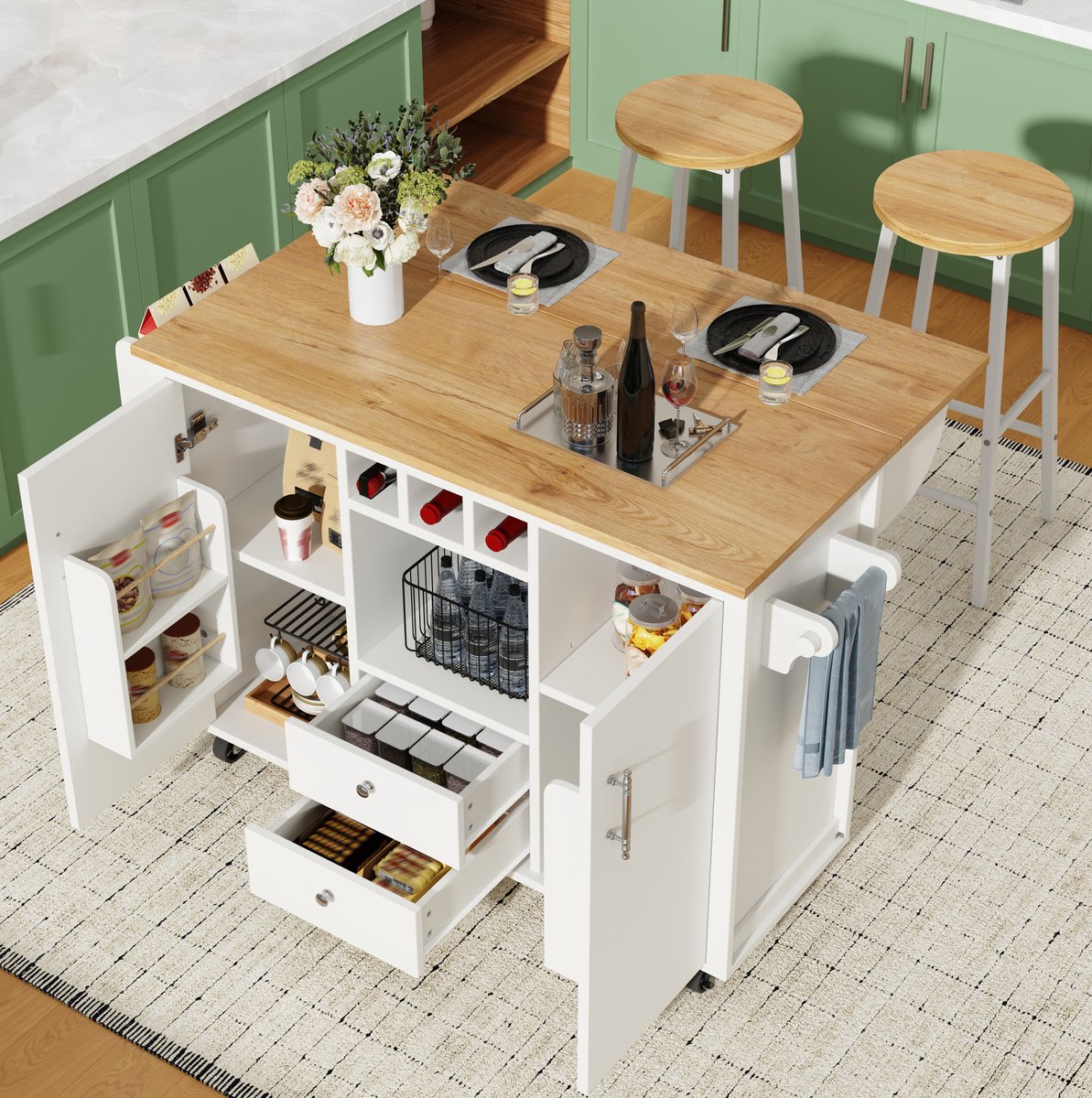 STILVORA Keukeneiland Met Krukken - Opklapbaar Werkblad En Opbergruimte - Verrijdbaar Voor Keuken En Eethoek - Hout En Metaal - Wit - 137,9x73x92 Cm