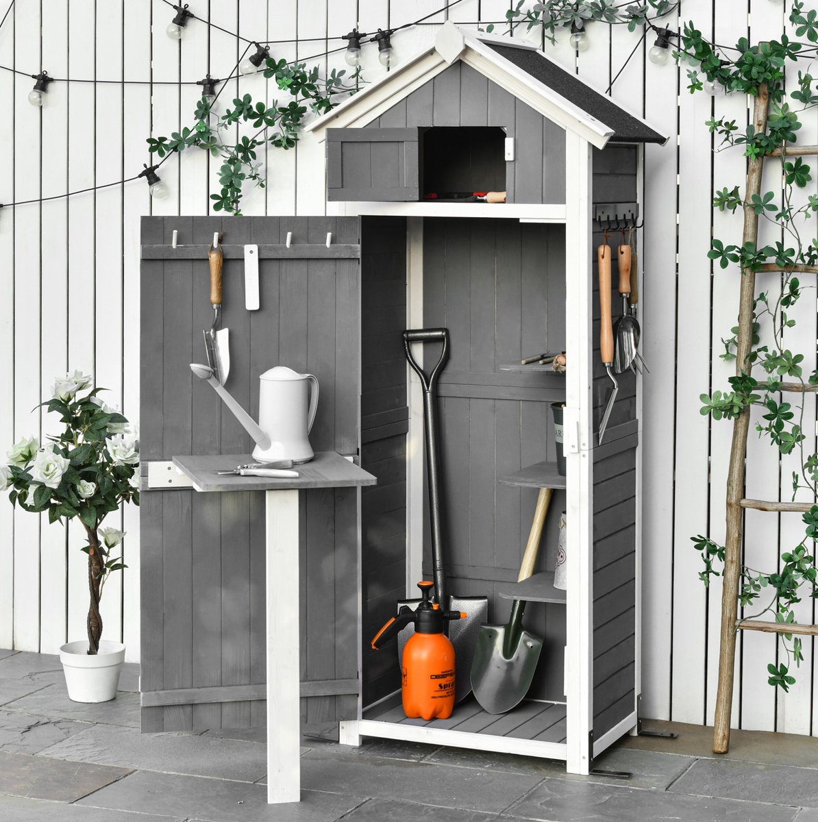 MEUNIQ tuinkast van hout 78 x 52,5 x 182 cm met deur, schuin dak, klaptafel, zijhaken en opbergvakken voor tuingereedschap en tuinopslag grijs