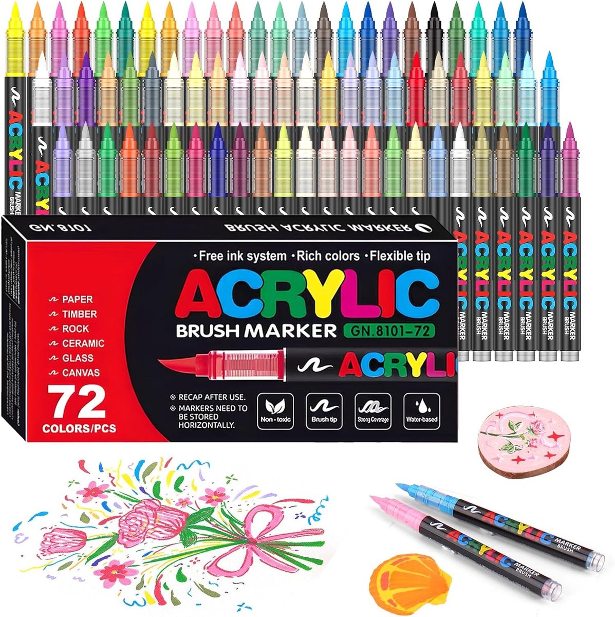 Acrylverfpennen - Diverse Kleuren - Flexibele Penseelpunt - Waterbasis Inkt - Voor Kunstenaars en Creatieve Makers