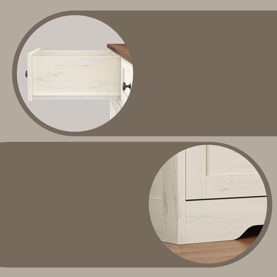 Détail d'un tiroir ouvert et du bas d'une commode blanche à plateau en bois.