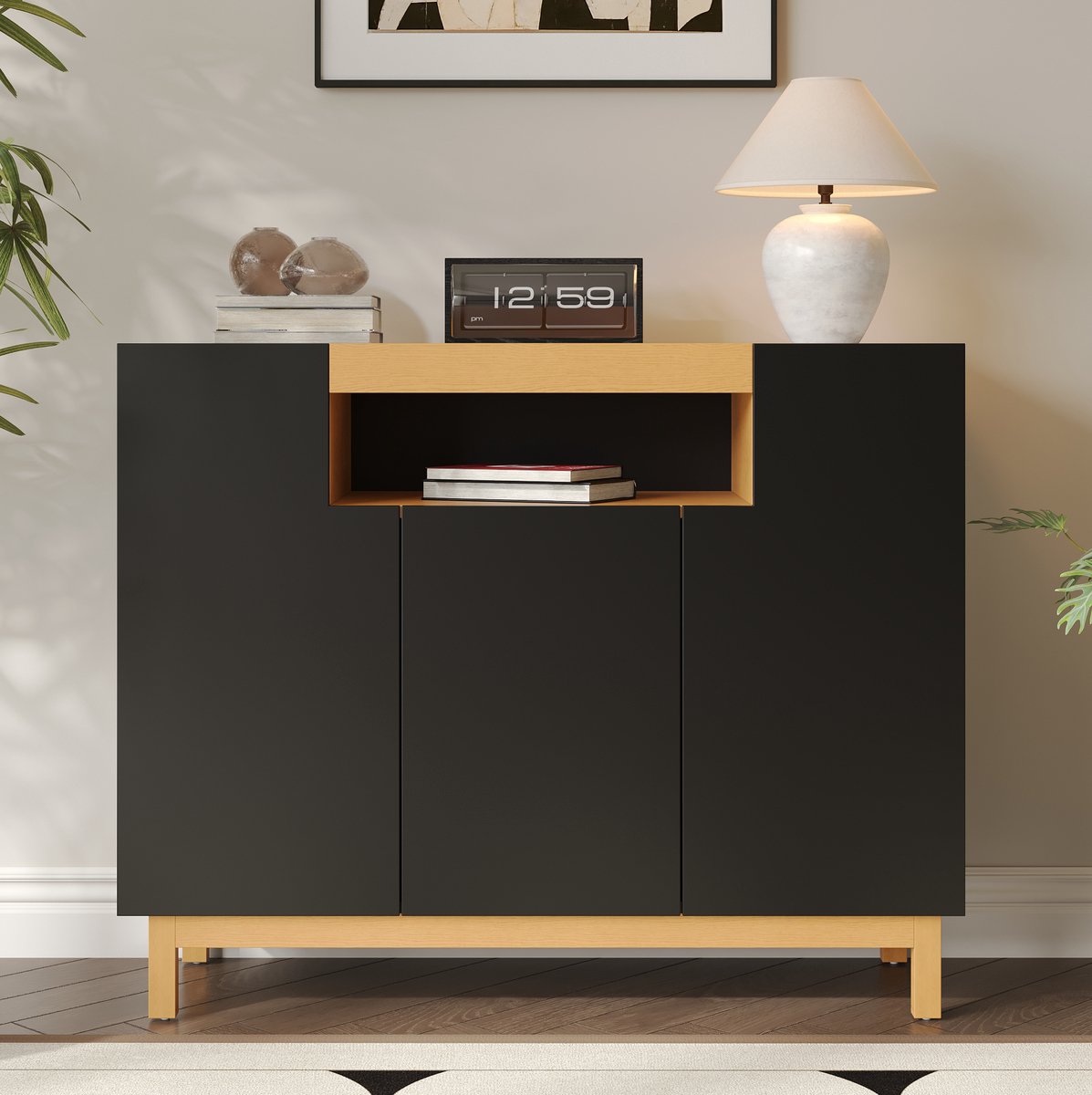 MEUNIQ dressoir 120,5 x 42 x 96 cm met 3 deuren en open vak, opbergkast voor woonkamer, eetkamer of hal, zwart met houtlook