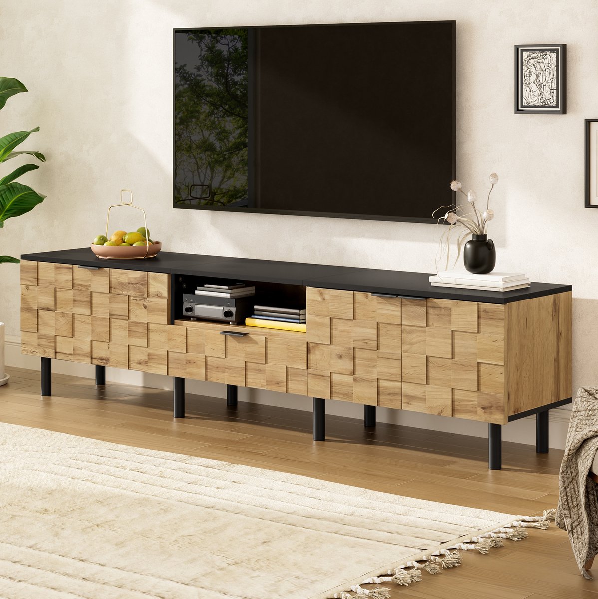 MEUNIQ TV-kast 170 x 35 x 44,5 cm met 2 deuren, lade, open vak en kabeldoorvoer, tv-lowboard met metalen poten voor woonkamer, naturel en zwart