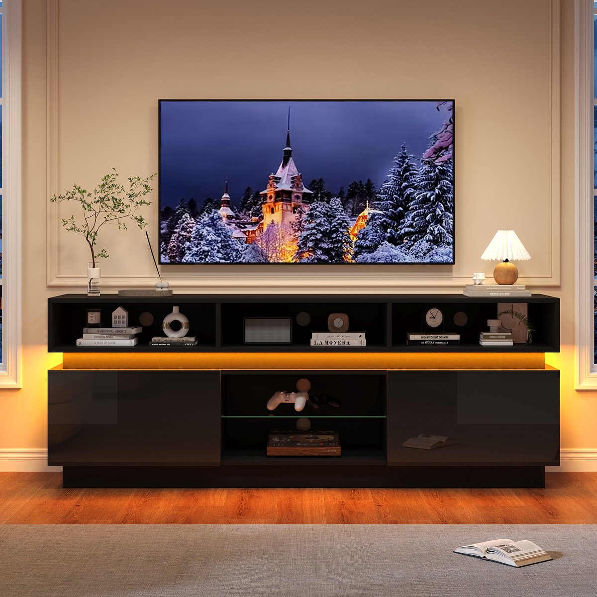 MEUNIQ TV-meubel 160 x 35 x 60 cm met 10 opbergvakken, LED-verlichting, open en gesloten opbergruimte, gehard glas, hoogglans fronten, zwart