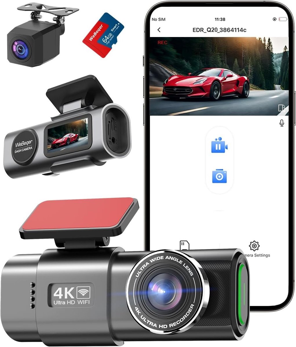 Dashcam Auto Voor en Achter 4K+1080P met WiFi - Loskoppelbare Camera - 64GB SD-kaart - 170°+140° Groothoek - Nachtzicht - Parkeerbewaking