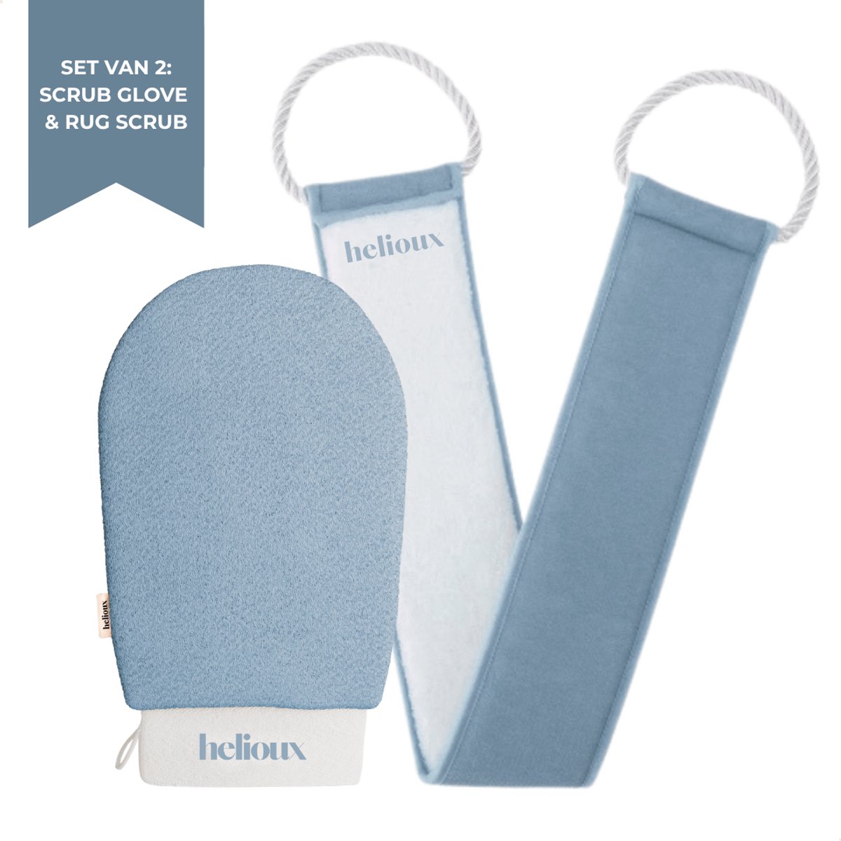 Helioux® Set van 2 - Exfoliating Glove & Rug Scrubber Blauw - 2 Stuks - Scrub Handschoen Washand - Back Scrubber - Voor Lichaam, Rug, Schouders & Gezicht - Verwijderen Van Dode Huidcellen of Zelfbruiner - Blue Blauw