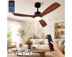 MUPOO Houtlook Plafondventilator met verlichting 132cm-Stil & Dimbaar - Zomer & Winterstand-Smart App & Afstandsbediening-6 Standen & Timer- ABS Houtlook Bladen-plafonniere met ventilator Voor Slaapkamer / Woonkamer