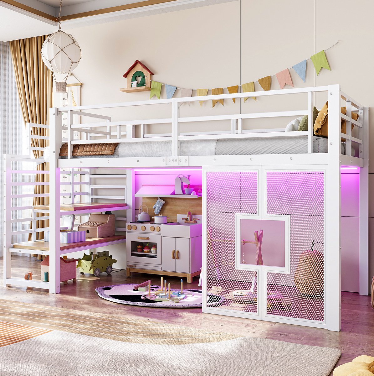 MIVRAY Hoogslaper 90x200 cm - Eenpersoonsbed Zonder Matras met Trap, Opbergruimte en LED Verlichting - Met Ramen - Metaal en MDF - Wit
