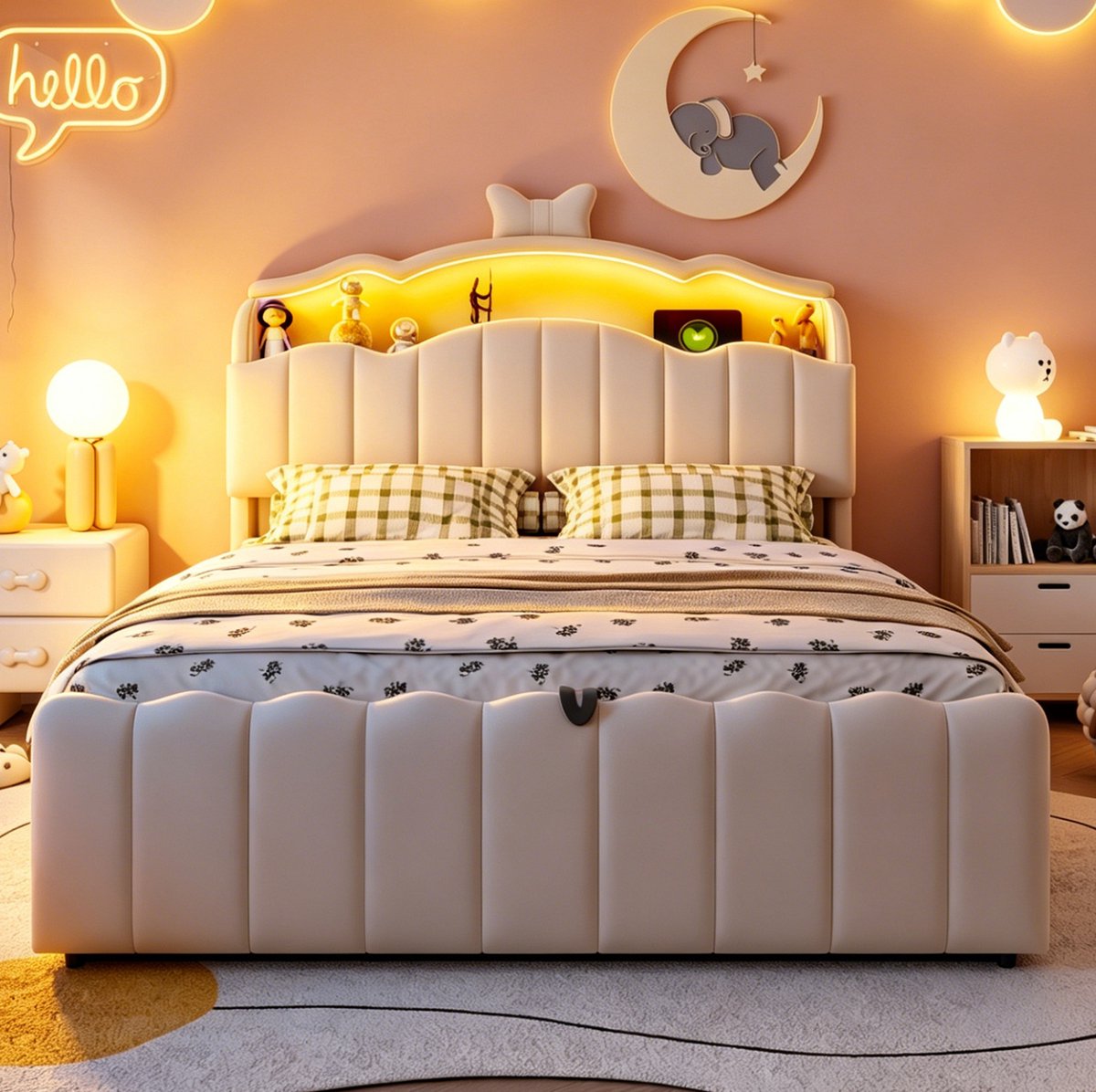 MIVRAY Kinderbed 140 x 200 cm Zonder Matras - Met LED Hoofdbord En USB USB C - Hydraulische Opbergruimte Voor Kinderkamer - Stof En Metaal - Beige