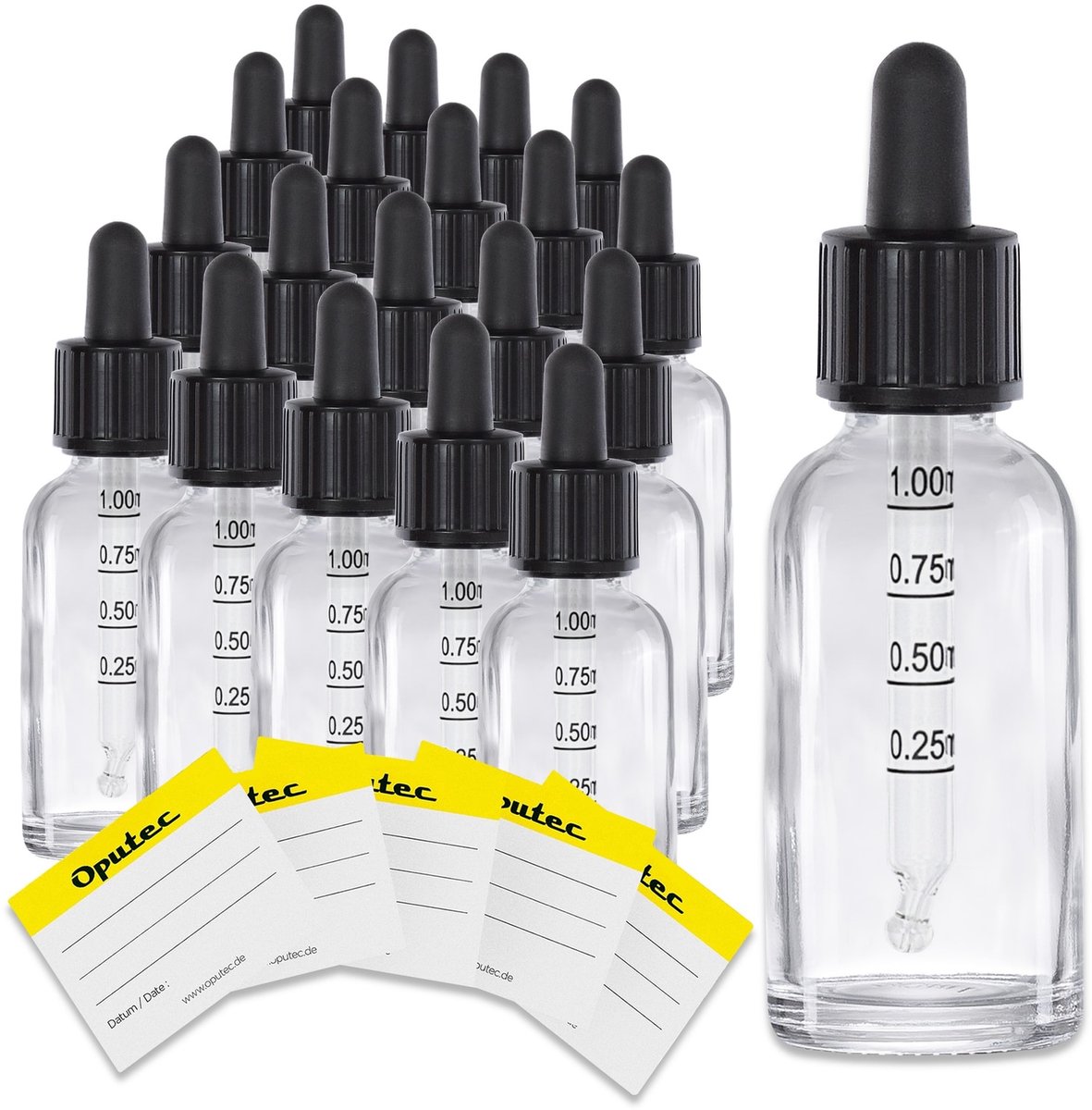 Oputec 20x 30ml pipetflesjes glas met schaalverdeling kindveilig lekvrij voor olie aroma en essenties nauwkeurig doseren