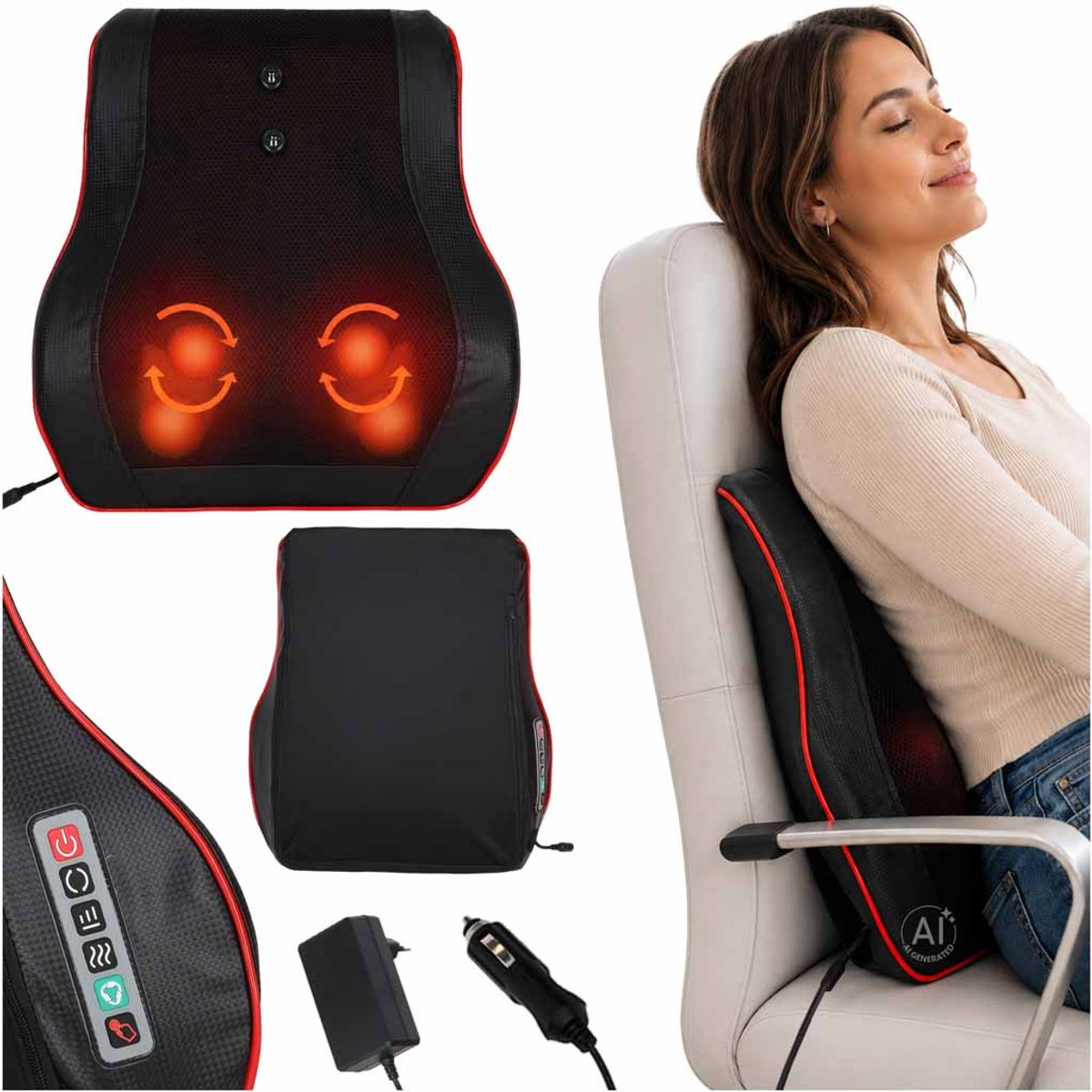 MOZY® - Shiatsu Massageapparaat - Nek en Rug - Zwart - met Warmtefunctie en Vibratie - Nek, Rug, Schouders en Taille - Geschikt voor Thuis en in de Auto - Elektrisch Massagekussen